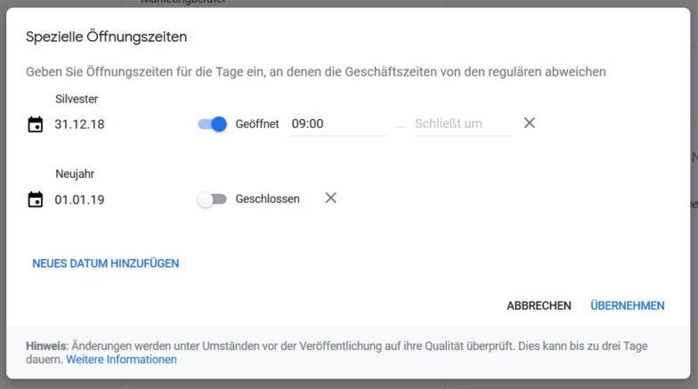 Spezielle Öffnungszeiten einstellen