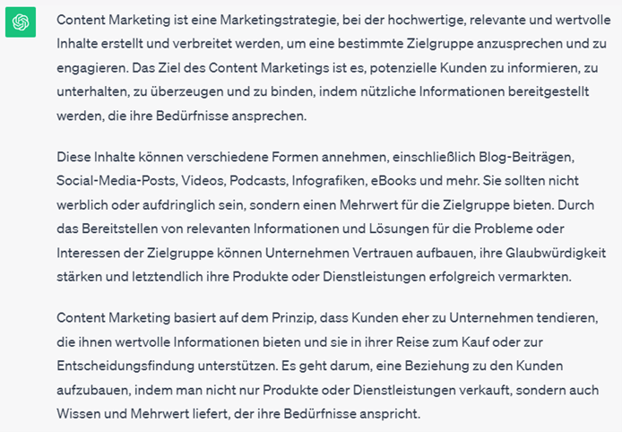 Erklärung von Chat GPT, was Content Marketing ist.