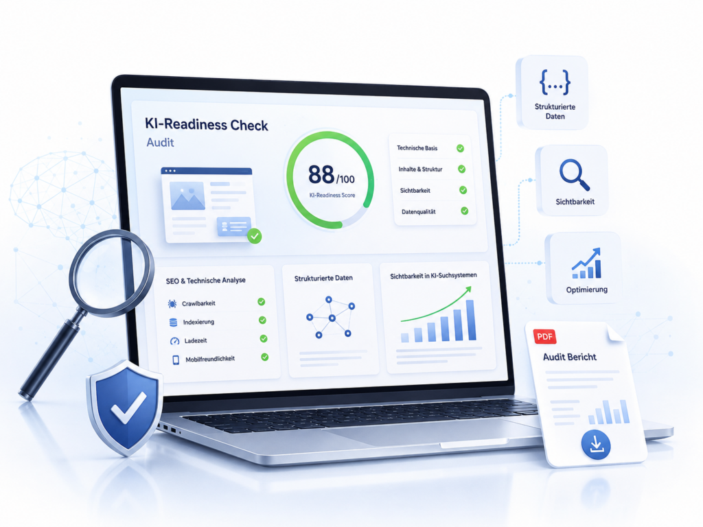 Illustration eines KI-Readiness Checks mit Laptop-Dashboard, Analyse-Score, SEO-Prüfung, strukturierten Daten, Sichtbarkeitssignalen und PDF-Audit-Bericht.