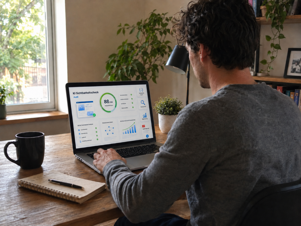 Ein Mann sitzt in einem gemütlichen Homeoffice an einem Holztisch und arbeitet an einem Laptop. Auf dem Bildschirm ist ein Dashboard mit dem Titel „KI Sichtbarkeitscheck“ und einer Bewertung von 88/100 zu sehen. Neben dem Laptop stehen eine Tasse, ein Notizbuch und eine Pflanze, im Hintergrund sind Fensterlicht, weitere Pflanzen und ein Regal sichtbar.