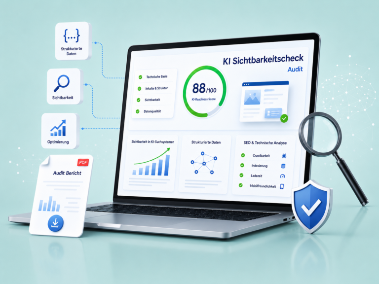 Illustration eines KI-Sichtbarkeitschecks von adojo GmbH auf einem Laptop: Ein Dashboard zeigt Audit-Kennzahlen, technische Analyse, strukturierte Daten und Sichtbarkeit in KI-Suchsystemen. Ergänzt wird die Szene durch Lupe, Schutzschild, Diagramme und einen Audit-Bericht vor türkisfarbenem Hintergrund.