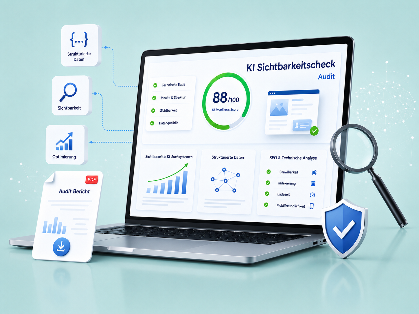 Illustration eines KI-Sichtbarkeitschecks von adojo GmbH auf einem Laptop: Ein Dashboard zeigt Audit-Kennzahlen, technische Analyse, strukturierte Daten und Sichtbarkeit in KI-Suchsystemen. Ergänzt wird die Szene durch Lupe, Schutzschild, Diagramme und einen Audit-Bericht vor türkisfarbenem Hintergrund.