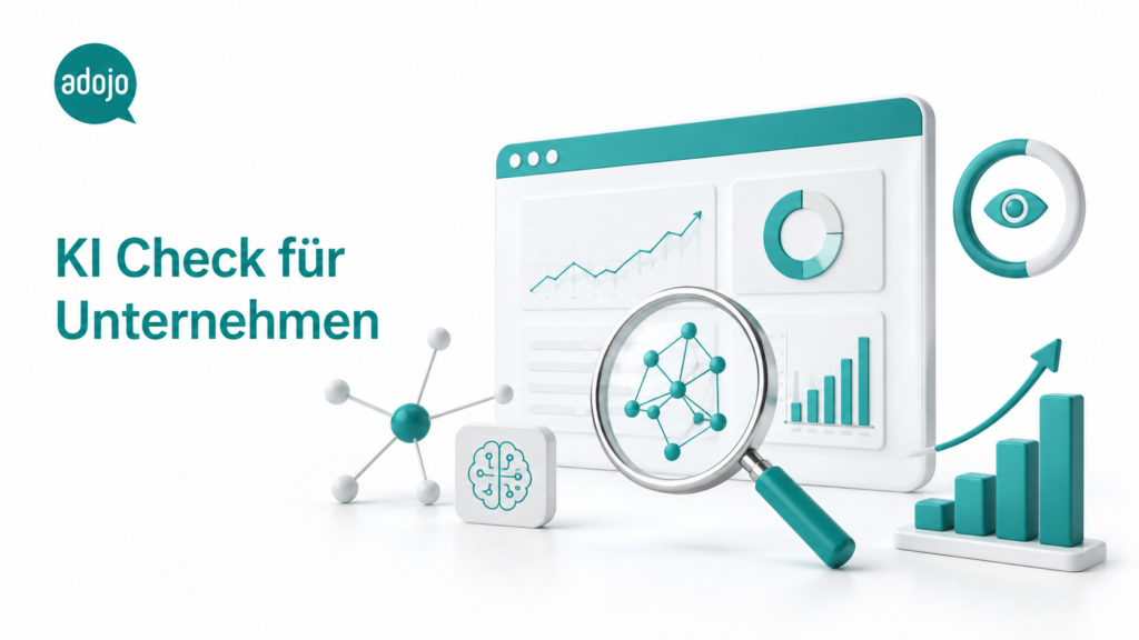 adojo: Blogbeitragsbild zum Thema „KI Check für Unternehmen“ mit Laptop, Lupe und Visualisierungen für KI-Suche, Website-Analyse und Sichtbarkeit.