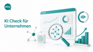 adojo: Blogbeitragsbild zum Thema „KI Check für Unternehmen“ mit Laptop, Lupe und Visualisierungen für KI-Suche, Website-Analyse und Sichtbarkeit.