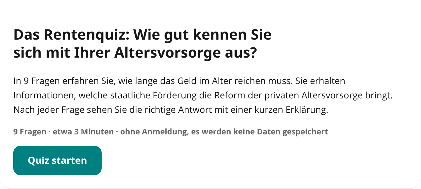 Startansicht des Rentenquiz: neun Fragen, rund drei Minuten, ohne Anmeldung