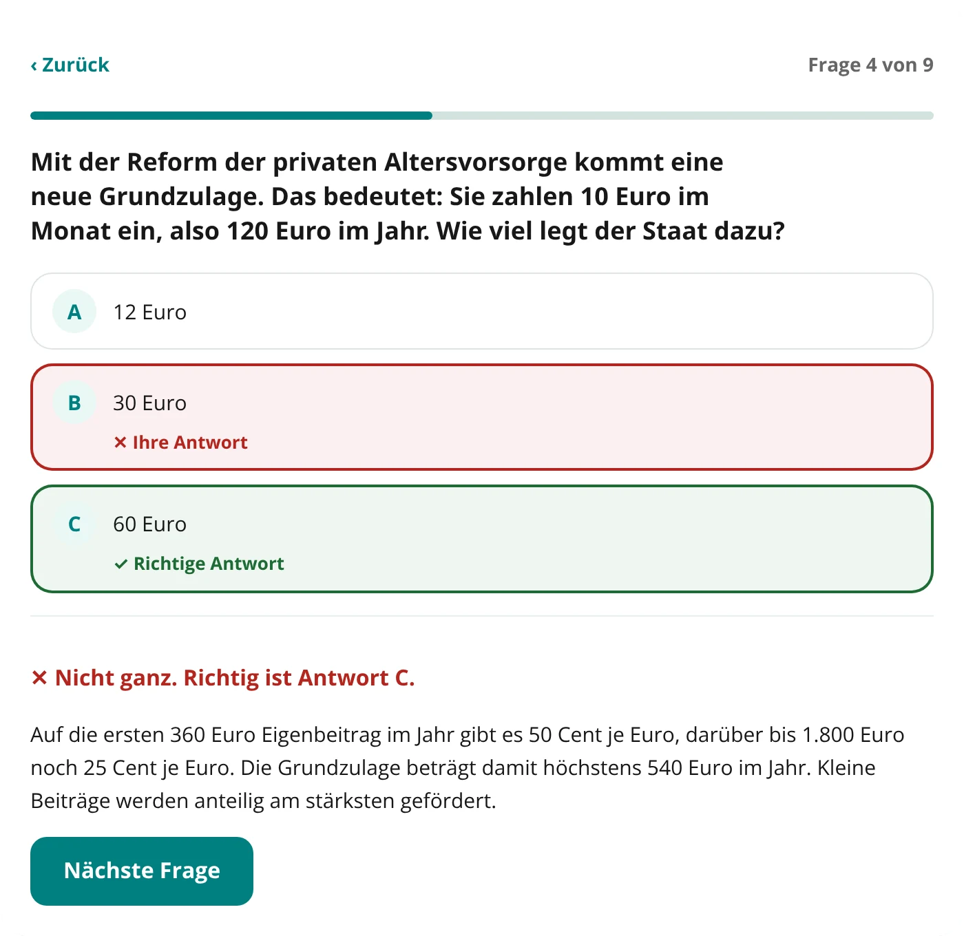 Quizfrage zur neuen Grundzulage mit markierter falscher und richtiger Antwort und Erklärung