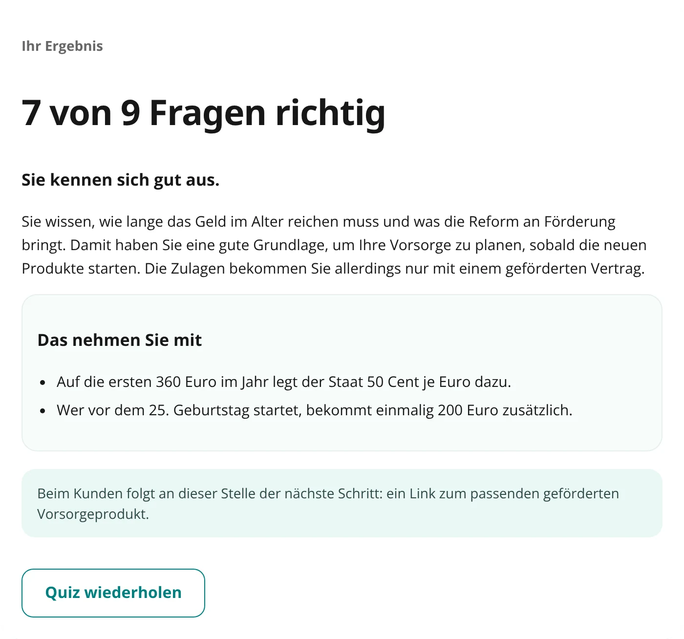 Auswertung des Quiz: 7 von 9 Fragen richtig, mit persönlichen Merksätzen