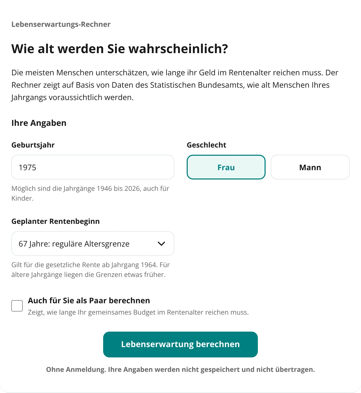 Eingabemaske des Lebenserwartungs-Rechners mit Geburtsjahr, Geschlecht und geplantem Rentenbeginn