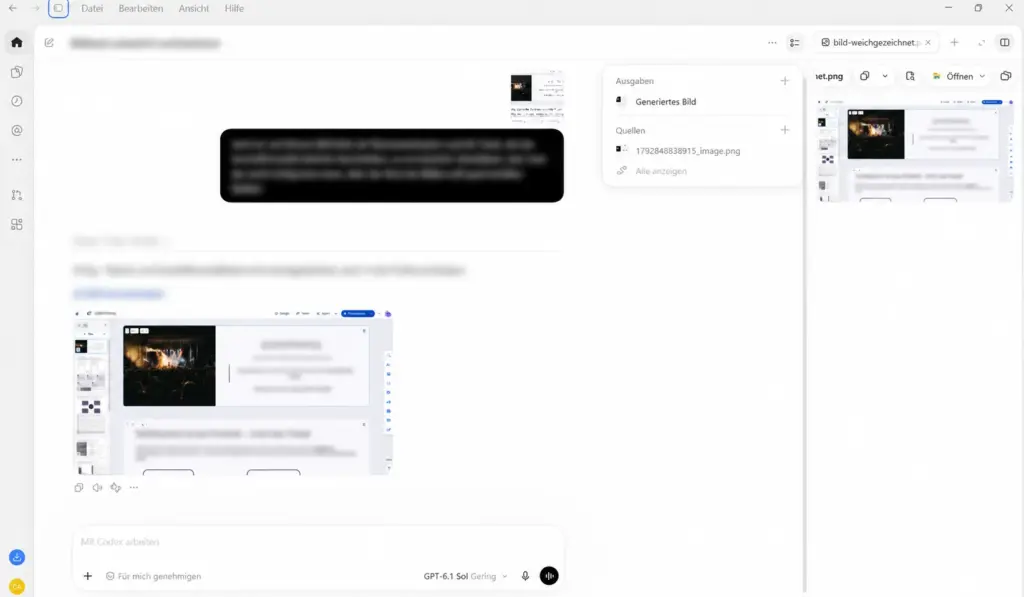 ChatGPT-Desktop-App im Codex-Modus mit einem weichgezeichneten Gamma-Screenshot als Ergebnis