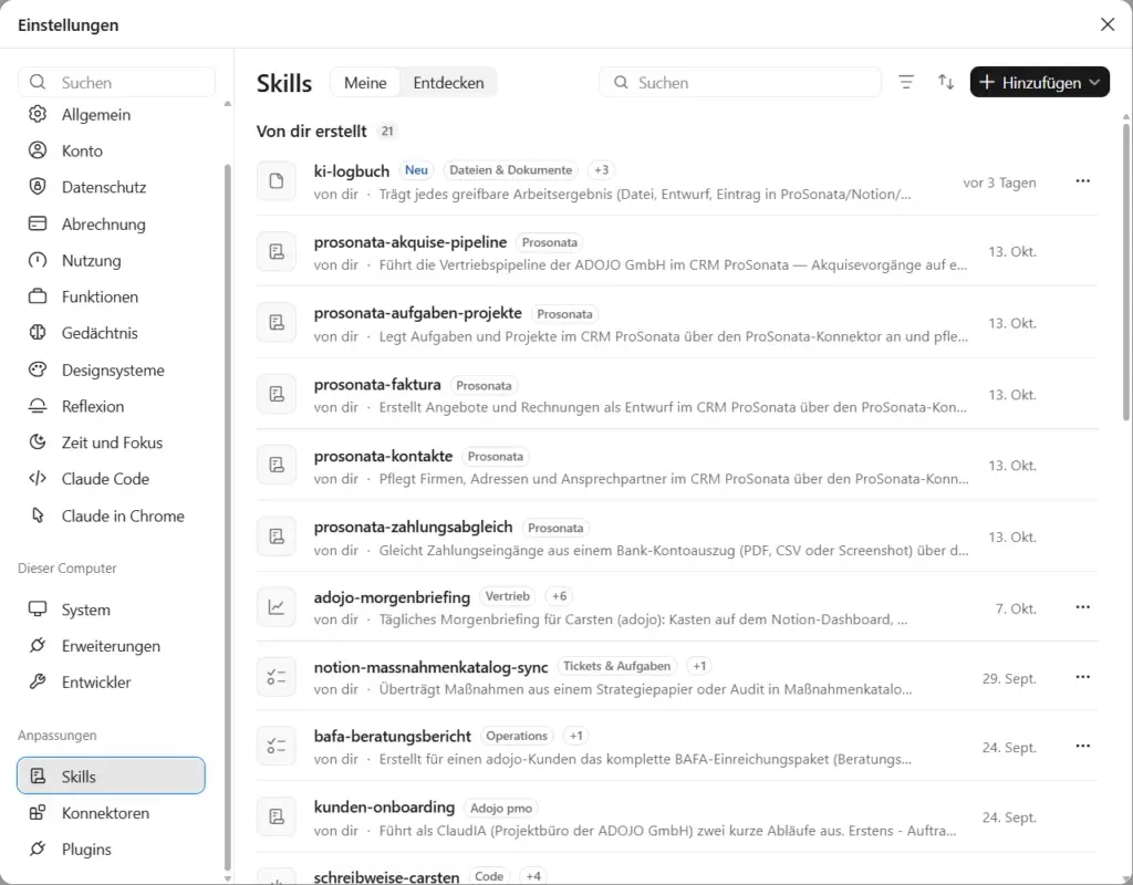 Einstellungen in Claude mit der Liste der von adojo erstellten Skills, darunter ProSonata-Skills, Morgenbriefing und BAFA-Beratungsbericht