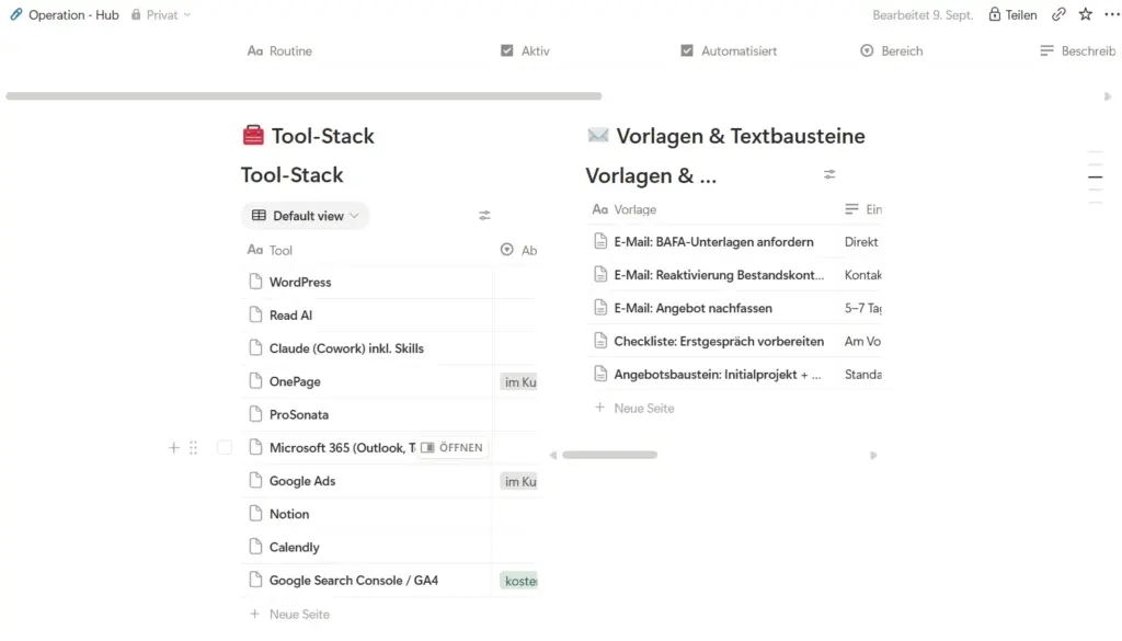 Notion-Seite Operation-Hub von adojo mit den Datenbanken Tool-Stack und Vorlagen und Textbausteine