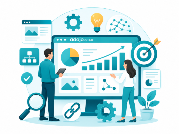 Illustration eines digitalen Dashboards mit Diagrammen, Analyse-Symbolen und zwei Personen; oben im Dashboard steht „adojo GmbH“.