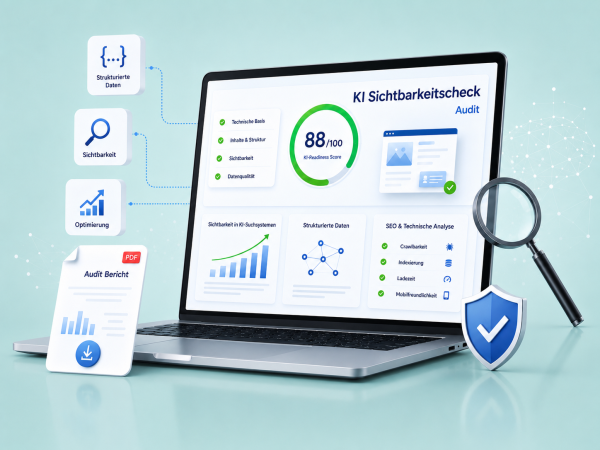 Illustration eines KI-Sichtbarkeitschecks von adojo GmbH auf einem Laptop: Ein Dashboard zeigt Audit-Kennzahlen, technische Analyse, strukturierte Daten und Sichtbarkeit in KI-Suchsystemen. Ergänzt wird die Szene durch Lupe, Schutzschild, Diagramme und einen Audit-Bericht vor türkisfarbenem Hintergrund.
