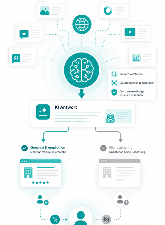 Infografik zur KI-Suche: Mehrere Online-Quellen fließen in ein KI-System ein, das Inhalte versteht, Zusammenhänge herstellt und vertrauenswürdige Quellen erkennt. Daraus entsteht eine KI-Antwort, in der Unternehmen entweder genannt und sichtbar werden oder ungenannt und unsichtbar bleiben.